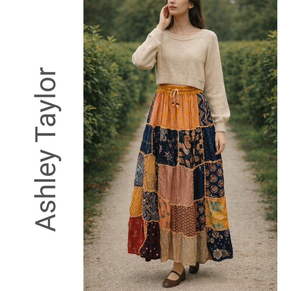 Ashley Taylor, Patchwork Cottagecore Boho Maxi Skirt Festival One Size Size S, M
